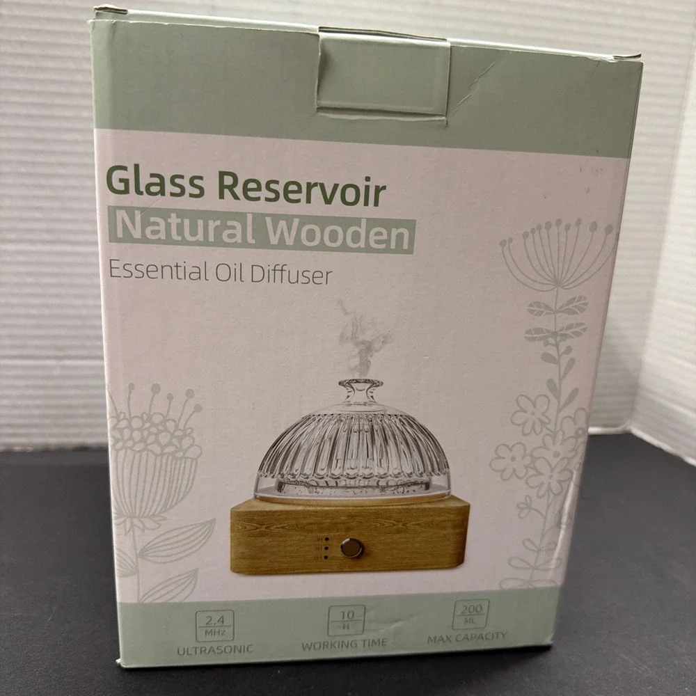 NEW Glass Essential Oil Diffuser Humidifier, 200ml Ultrasonic Yellow-wood Grain